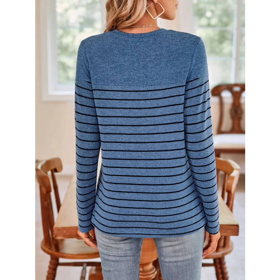 Quarter Button Striped Round Neck Long Sleeve T-Shirt