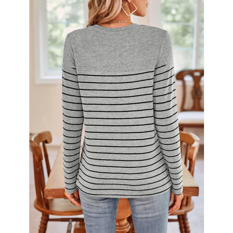 Quarter Button Striped Round Neck Long Sleeve T-Shirt