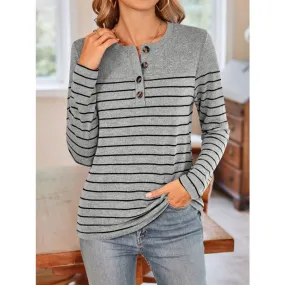 Quarter Button Striped Round Neck Long Sleeve T-Shirt