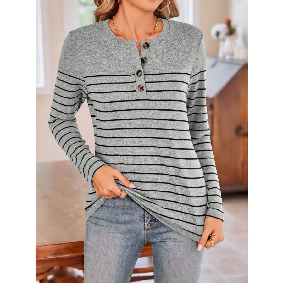 Quarter Button Striped Round Neck Long Sleeve T-Shirt