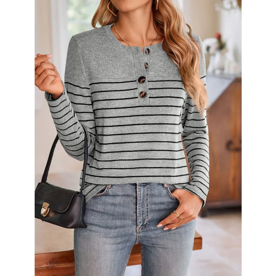 Quarter Button Striped Round Neck Long Sleeve T-Shirt