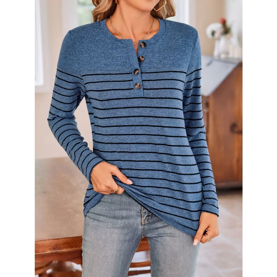 Quarter Button Striped Round Neck Long Sleeve T-Shirt