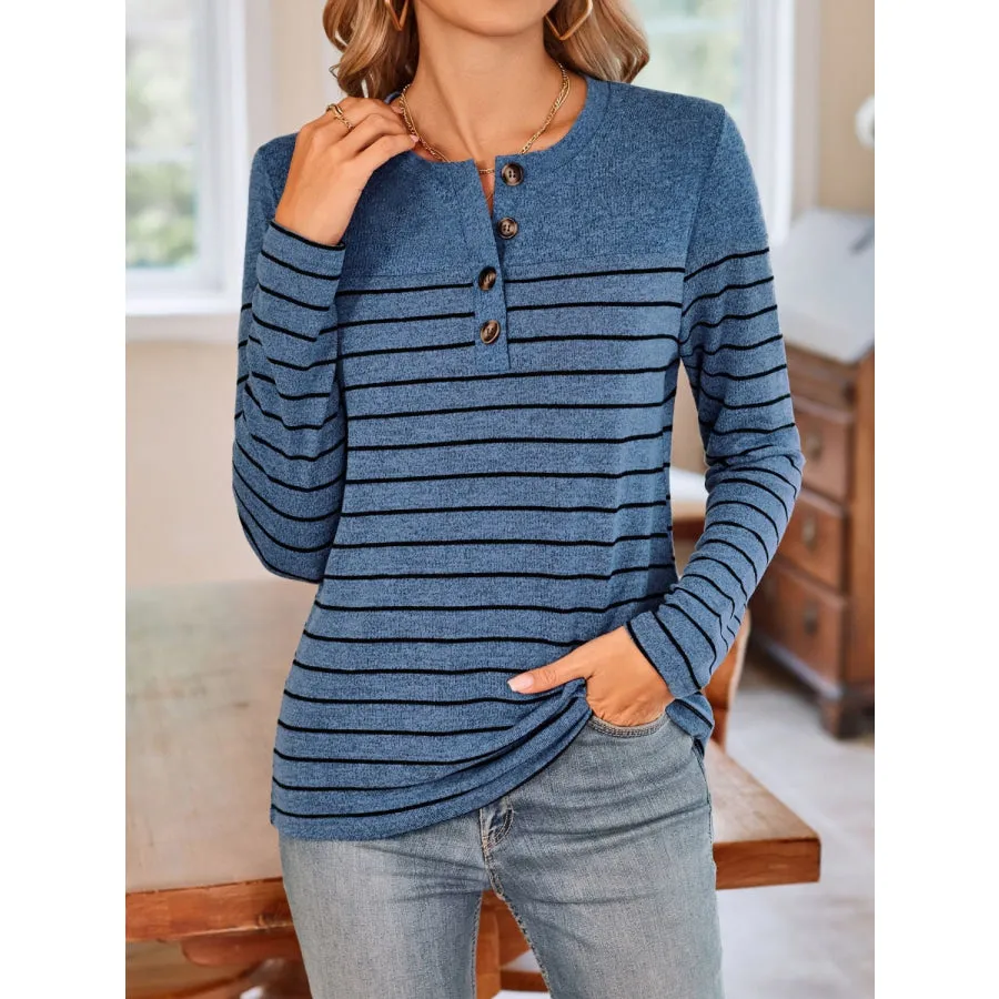 Quarter Button Striped Round Neck Long Sleeve T-Shirt