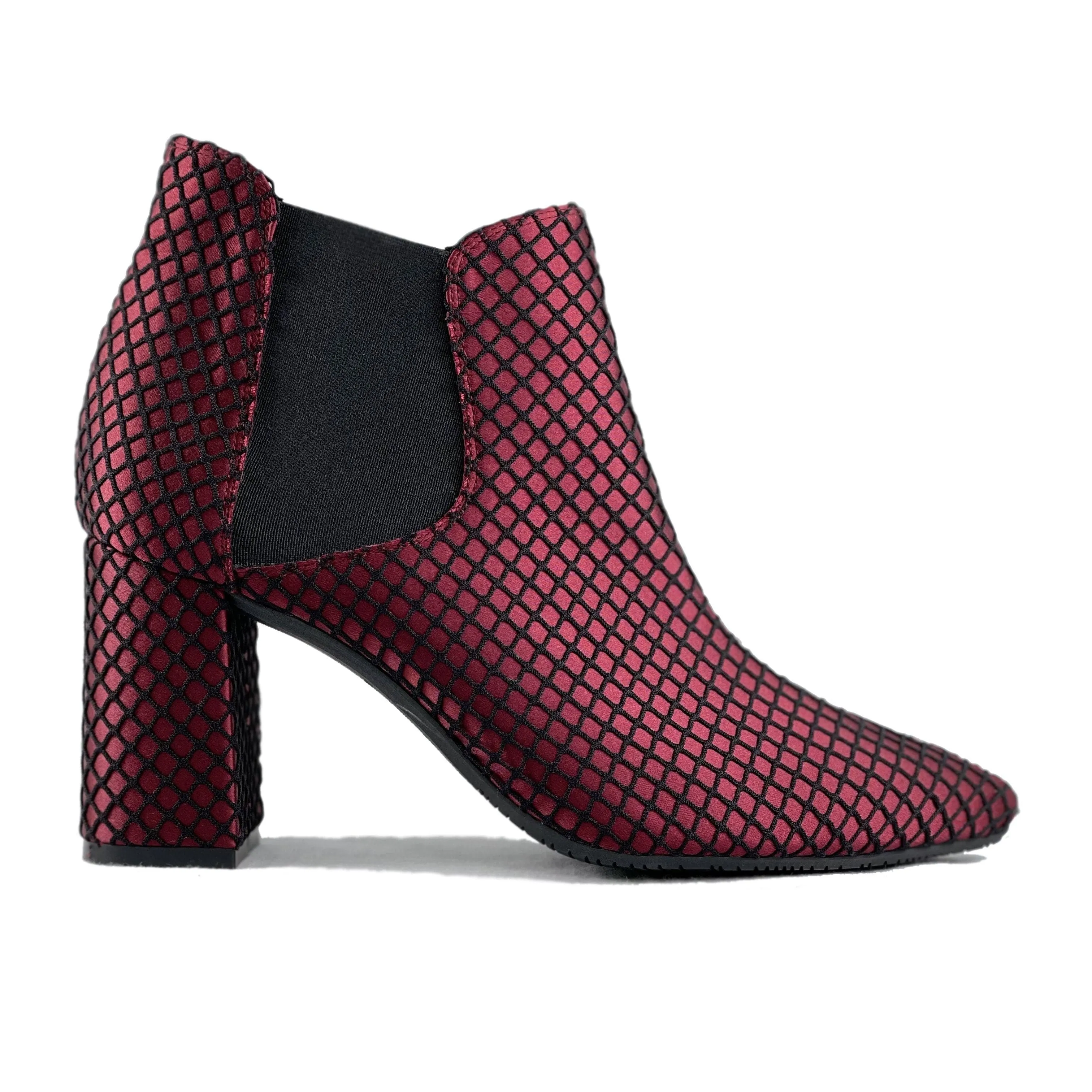 'Rachel' vegan Chelsea bootie by Zette Shoes - red fishnet