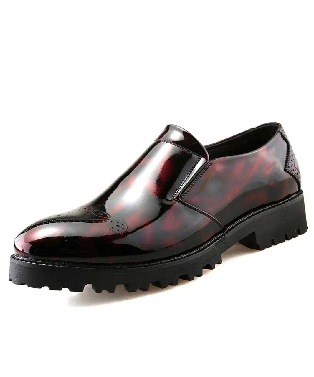 Red brogue patent leather slip on dress shoe