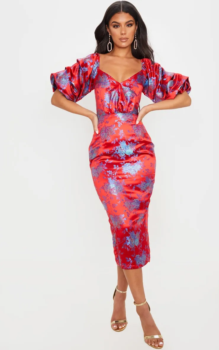 Red Floral Jacquard Lace Up Back Midi Dress