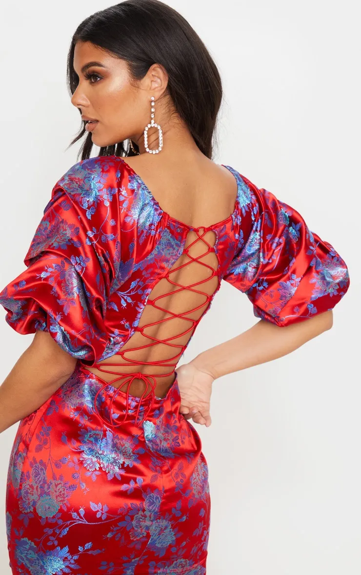 Red Floral Jacquard Lace Up Back Midi Dress