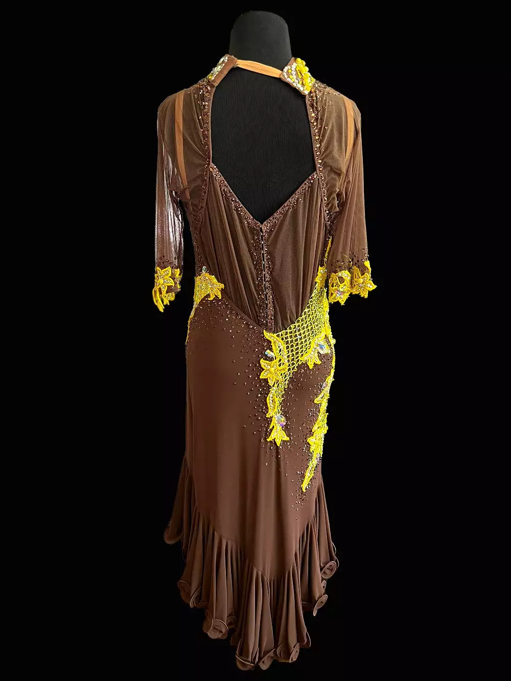 Resale Artistry in Motion Brown Latin Dress with Yellow Lace Appliqué, High Collar, and Half Sleeves Sz L Lat228