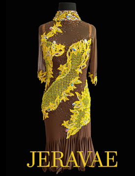 Resale Artistry in Motion Brown Latin Dress with Yellow Lace Appliqué, High Collar, and Half Sleeves Sz L Lat228