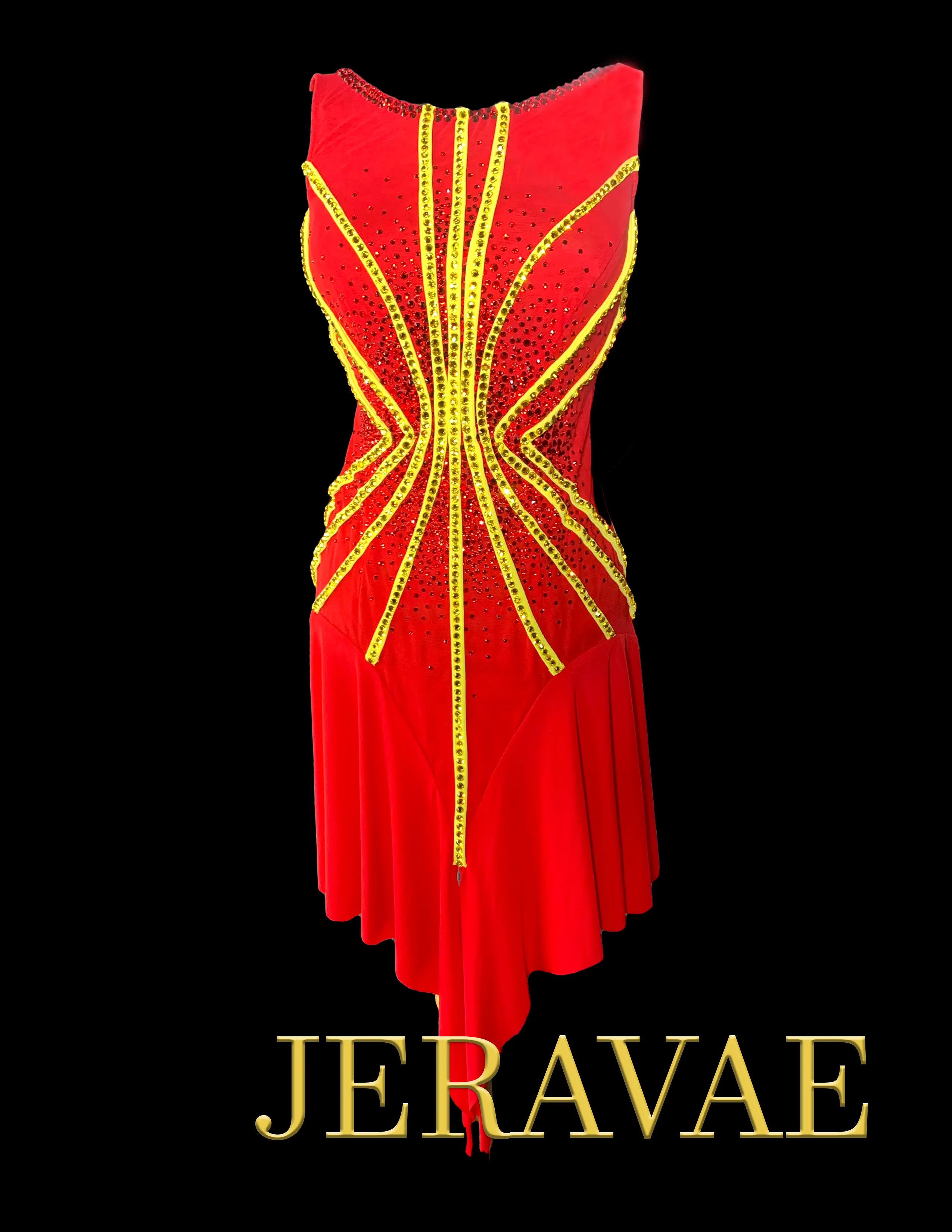 Resale Artistry in Motion Red Latin Dress with Yellow Stripes, Swarovski Stones, and Straps Across the Back Sz M Lat138