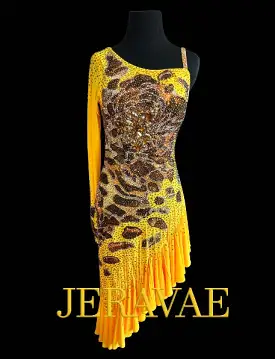 Resale Artistry in Motion Saffron Yellow Latin Dress with Cheetah Print Patches and One Long Sleeve Sz S Lat222