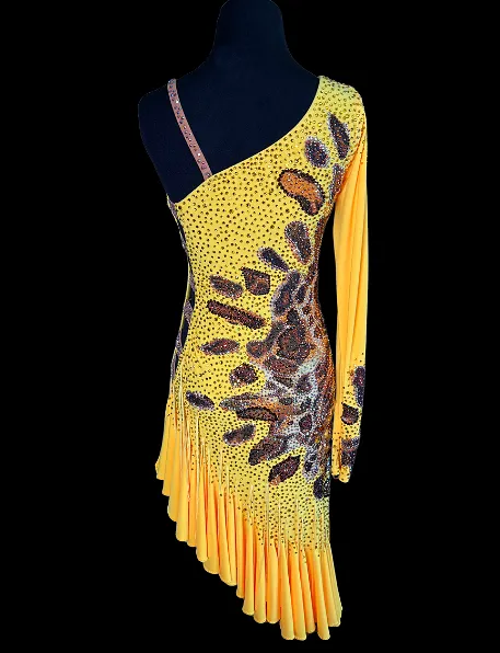 Resale Artistry in Motion Saffron Yellow Latin Dress with Cheetah Print Patches and One Long Sleeve Sz S Lat222