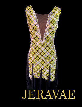 Resale Artistry in Motion Yellow with Black Plaid Latin Dress with Tassel Fringe, Swarovski Stones, and a Beautiful Back Strap D