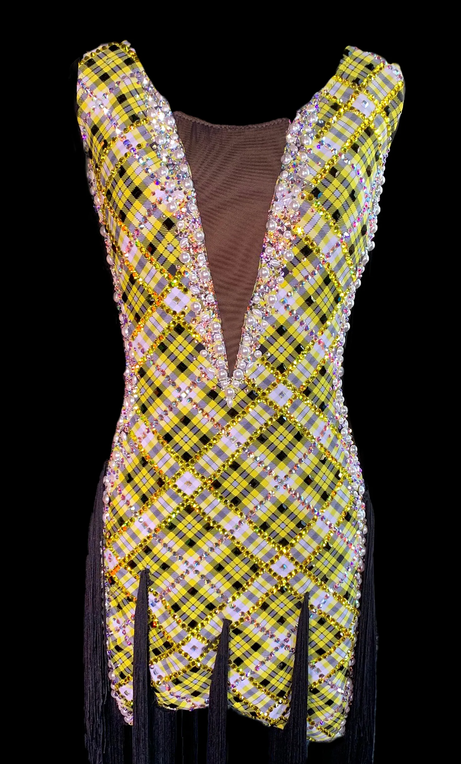 Resale Artistry in Motion Yellow with Black Plaid Latin Dress with Tassel Fringe, Swarovski Stones, and a Beautiful Back Strap D