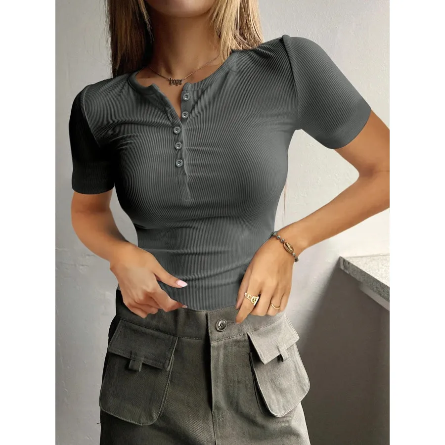 Round Neck Quarter Button Short Sleeve Top