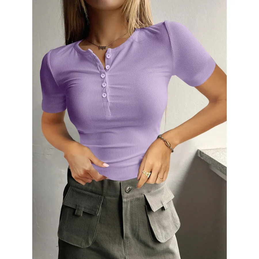 Round Neck Quarter Button Short Sleeve Top