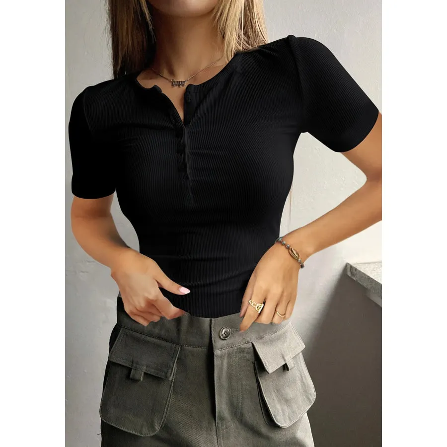 Round Neck Quarter Button Short Sleeve Top