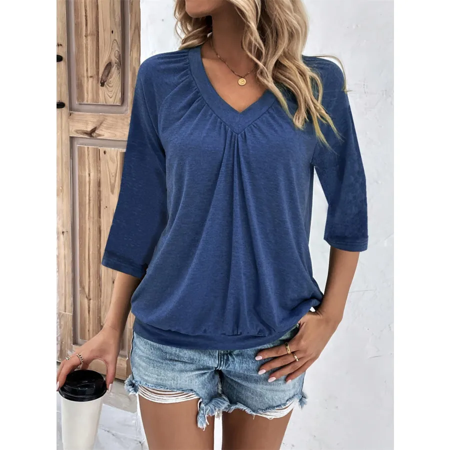 Ruched Heathered V-Neck Three-Quarter Sleeve T-Shirt