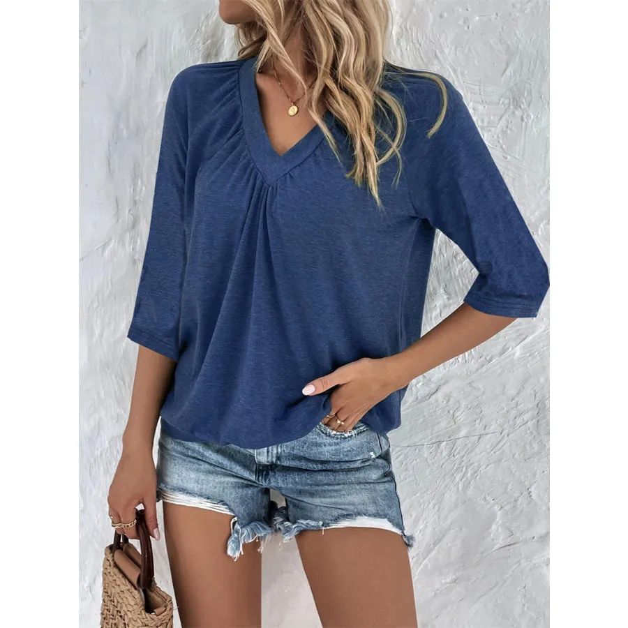 Ruched Heathered V-Neck Three-Quarter Sleeve T-Shirt