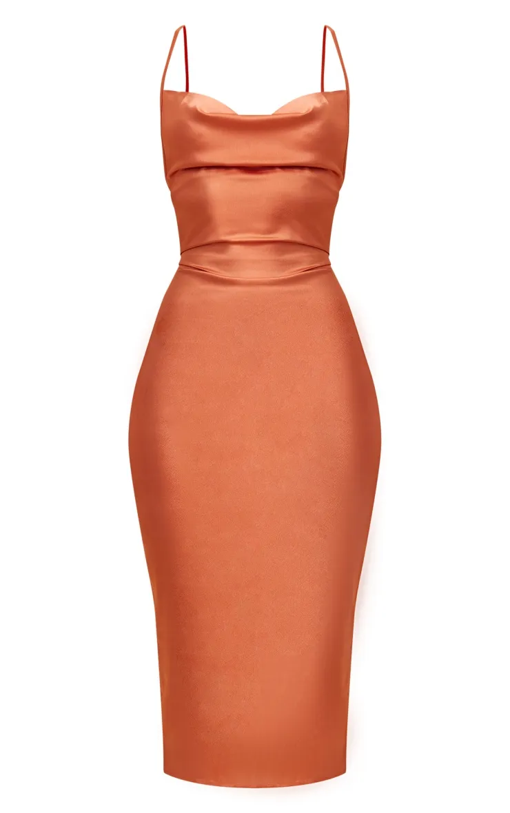 Rust Strappy Back Cowl Neck Midi Dress