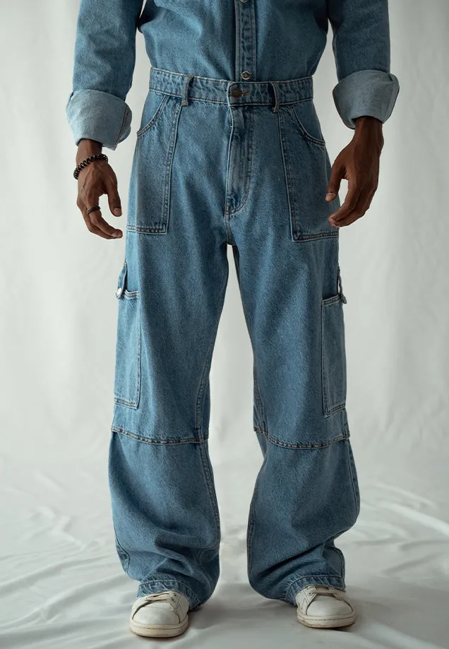 Straight Fit Cargo Pocket Jeans - Mid Blue