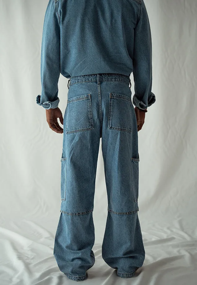 Straight Fit Cargo Pocket Jeans - Mid Blue