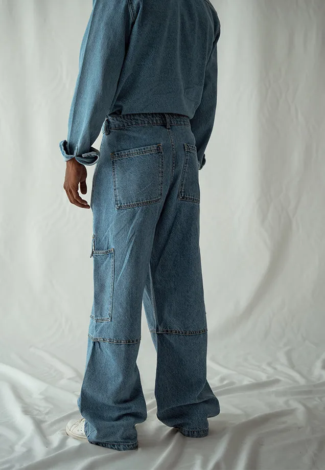 Straight Fit Cargo Pocket Jeans - Mid Blue