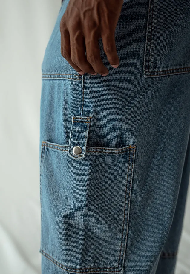 Straight Fit Cargo Pocket Jeans - Mid Blue