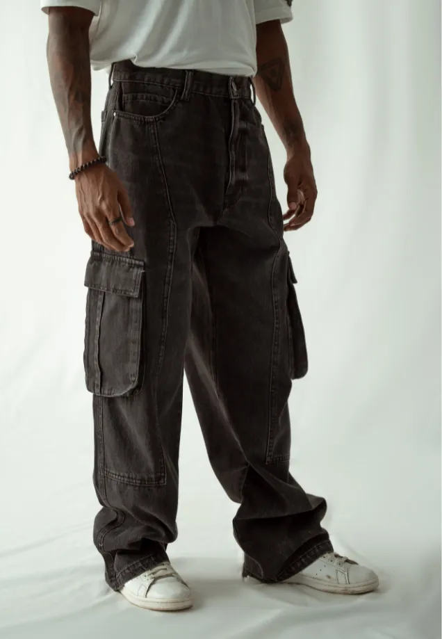 Straight Leg Cargo Jeans - Faded Grey