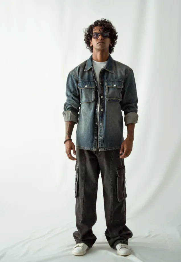 Straight Leg Cargo Jeans - Faded Grey