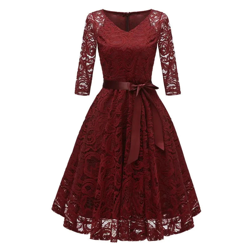 V-Neck Women Lace Swing Dress High Waist Vintage Style Three Quarter Sleeve Party Evening Ladies Dresses