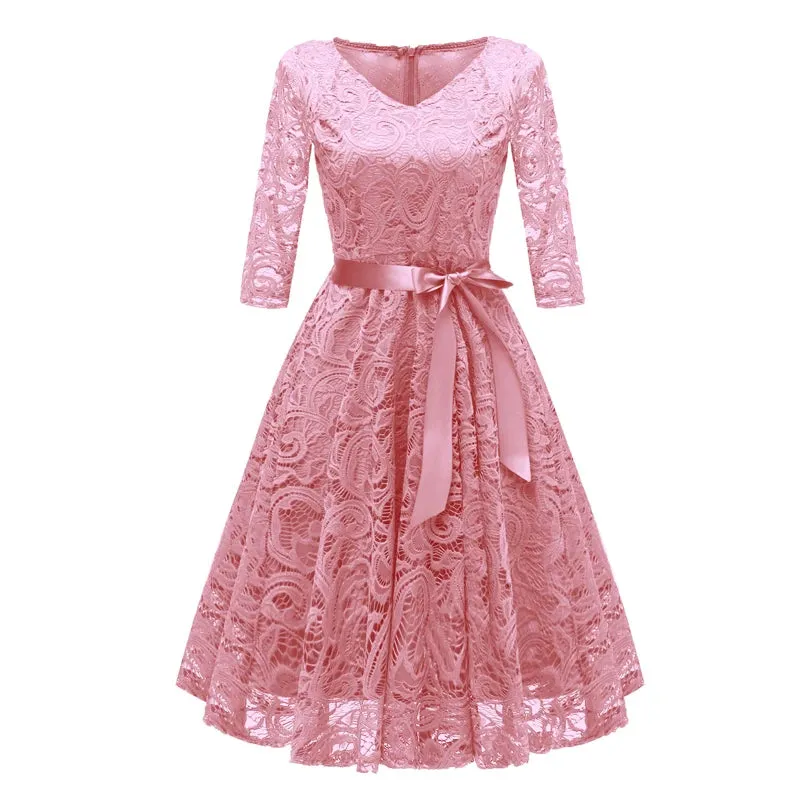 V-Neck Women Lace Swing Dress High Waist Vintage Style Three Quarter Sleeve Party Evening Ladies Dresses