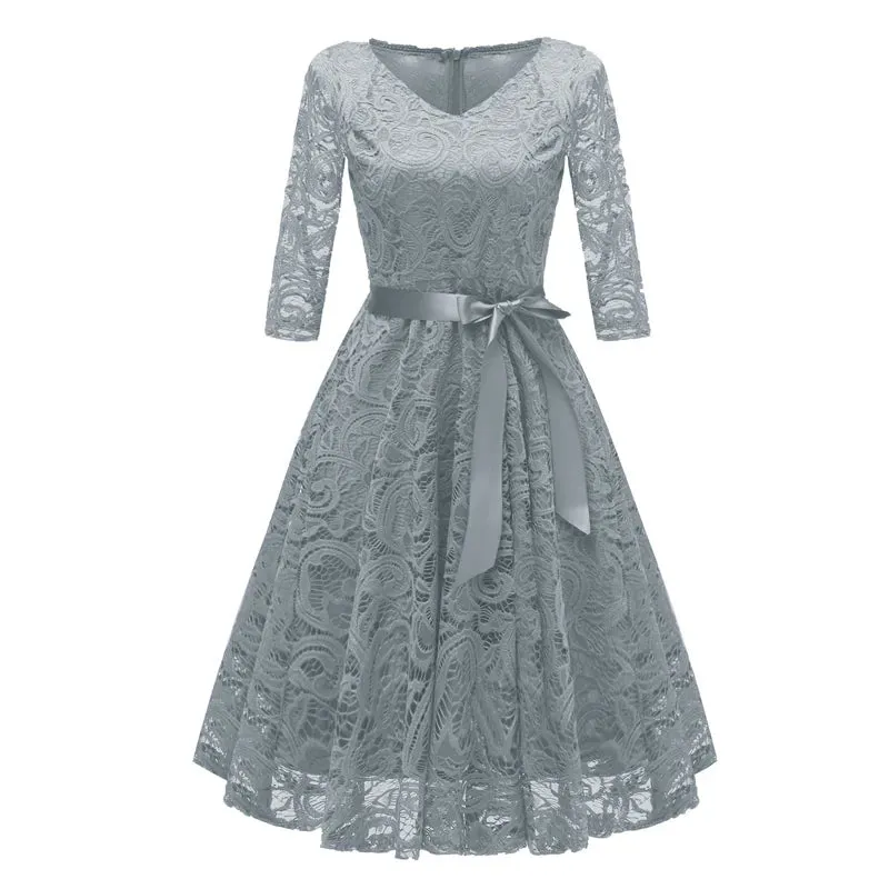 V-Neck Women Lace Swing Dress High Waist Vintage Style Three Quarter Sleeve Party Evening Ladies Dresses