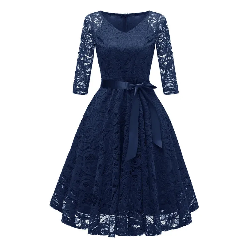 V-Neck Women Lace Swing Dress High Waist Vintage Style Three Quarter Sleeve Party Evening Ladies Dresses