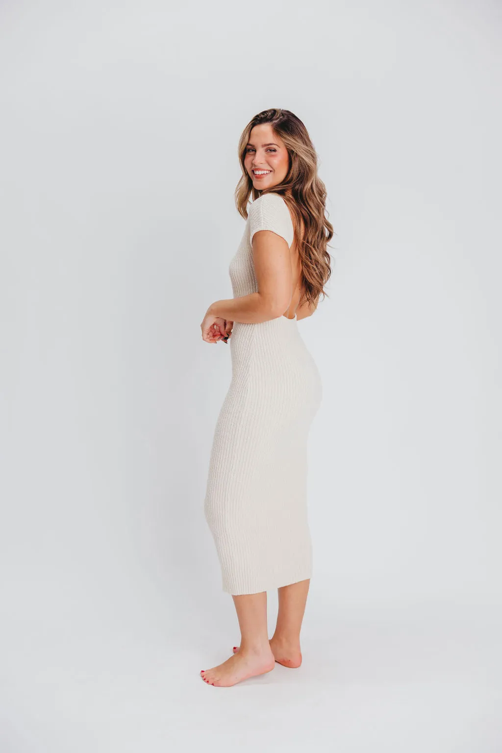 Vivienne Open Back Bodycon Midi Dress in Ivory