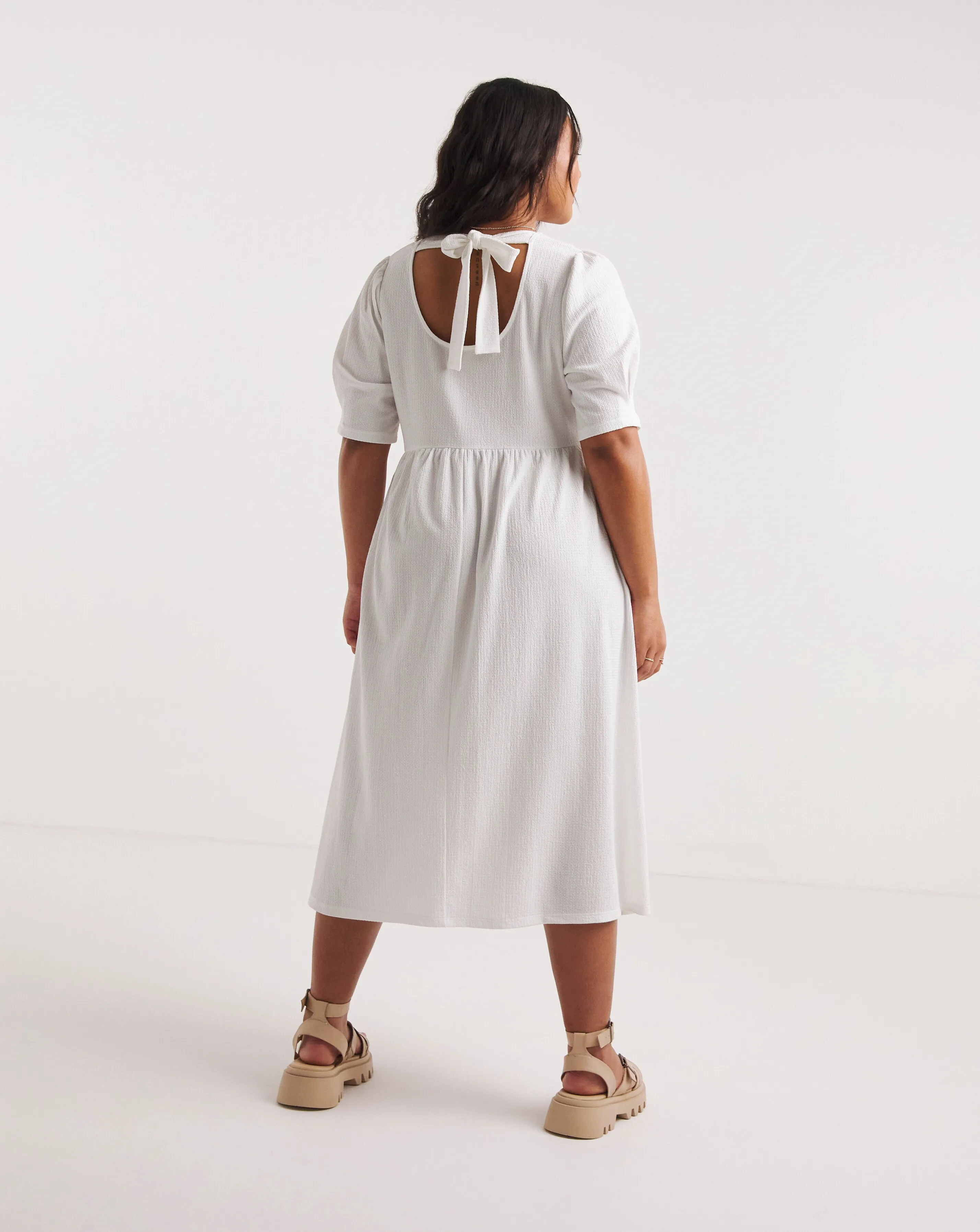 White Waffle Midi Dress With Tie Back | Simply Be