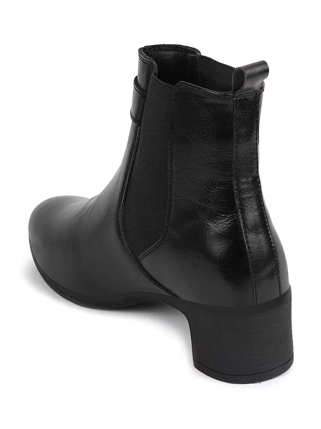 Women Black Flared Heel High Ankle Classic Winter Buckle Strap Chelsea Boots