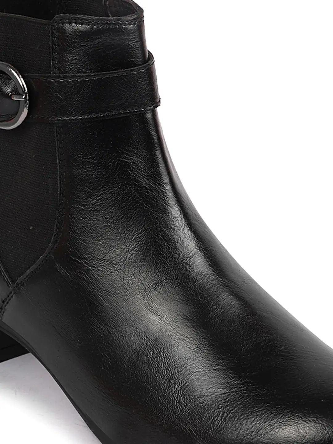 Women Black Flared Heel High Ankle Classic Winter Buckle Strap Chelsea Boots