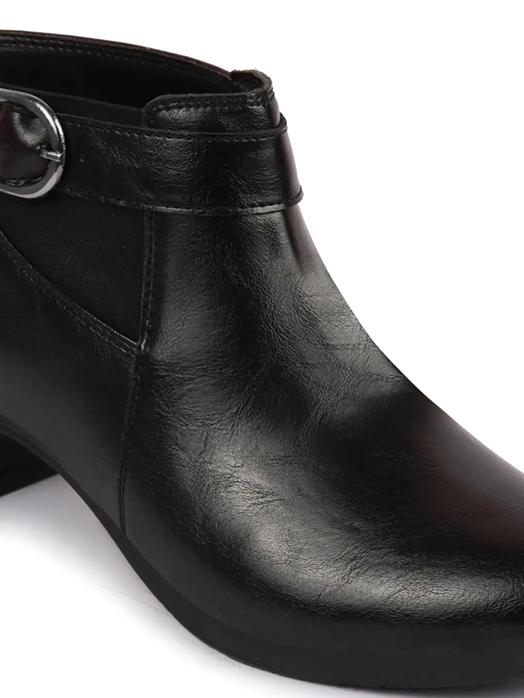 Women Black Flared Heel Mid Ankle Classic Winter Buckle Strap Chelsea Boots