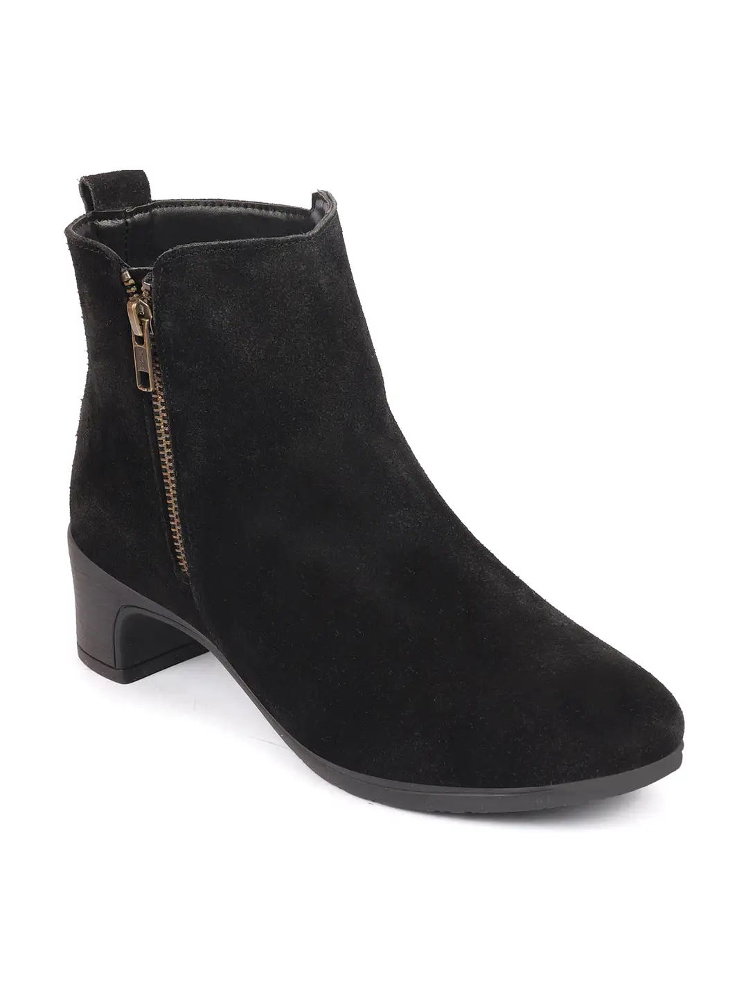 Women Black Flared Heel Mid Top Suede Leather Zipper Closure Winter Chelsea Boots