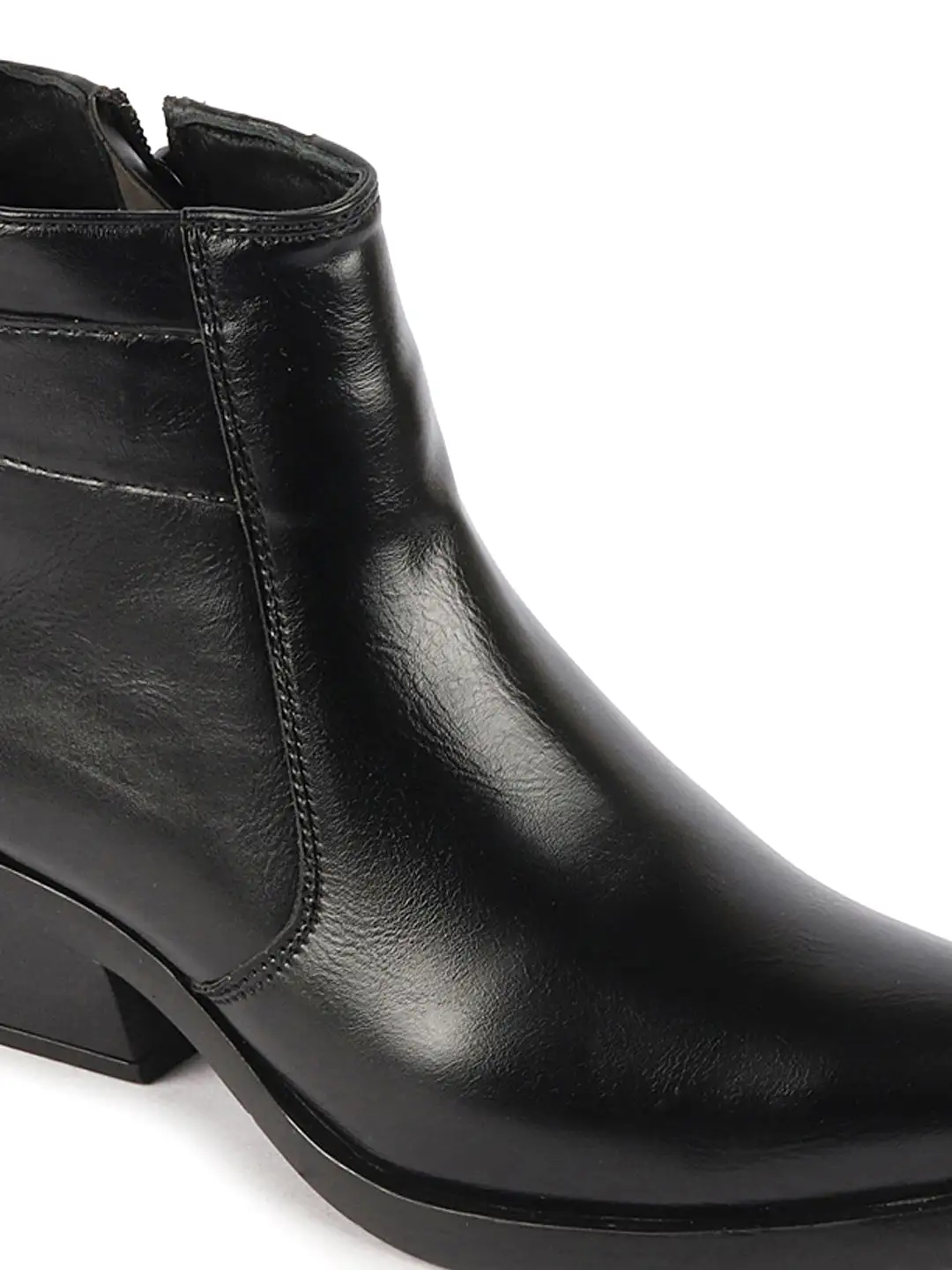 Women Black Mid Top Side Zipper Slip On Flared Heel Pointed Toe Chelsea Boots