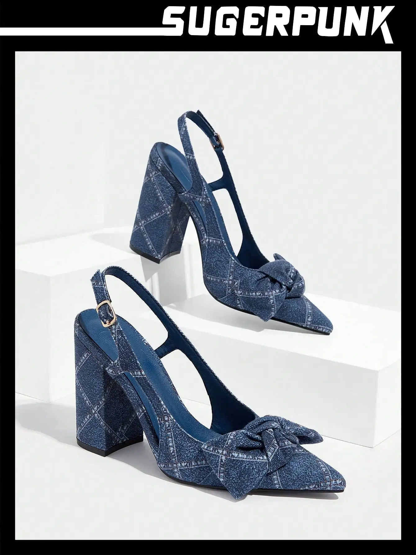 Women Bow Decor Point Toe Chunky Heeled Pumps, Fashion Outdoor Denim Slingback Pumps