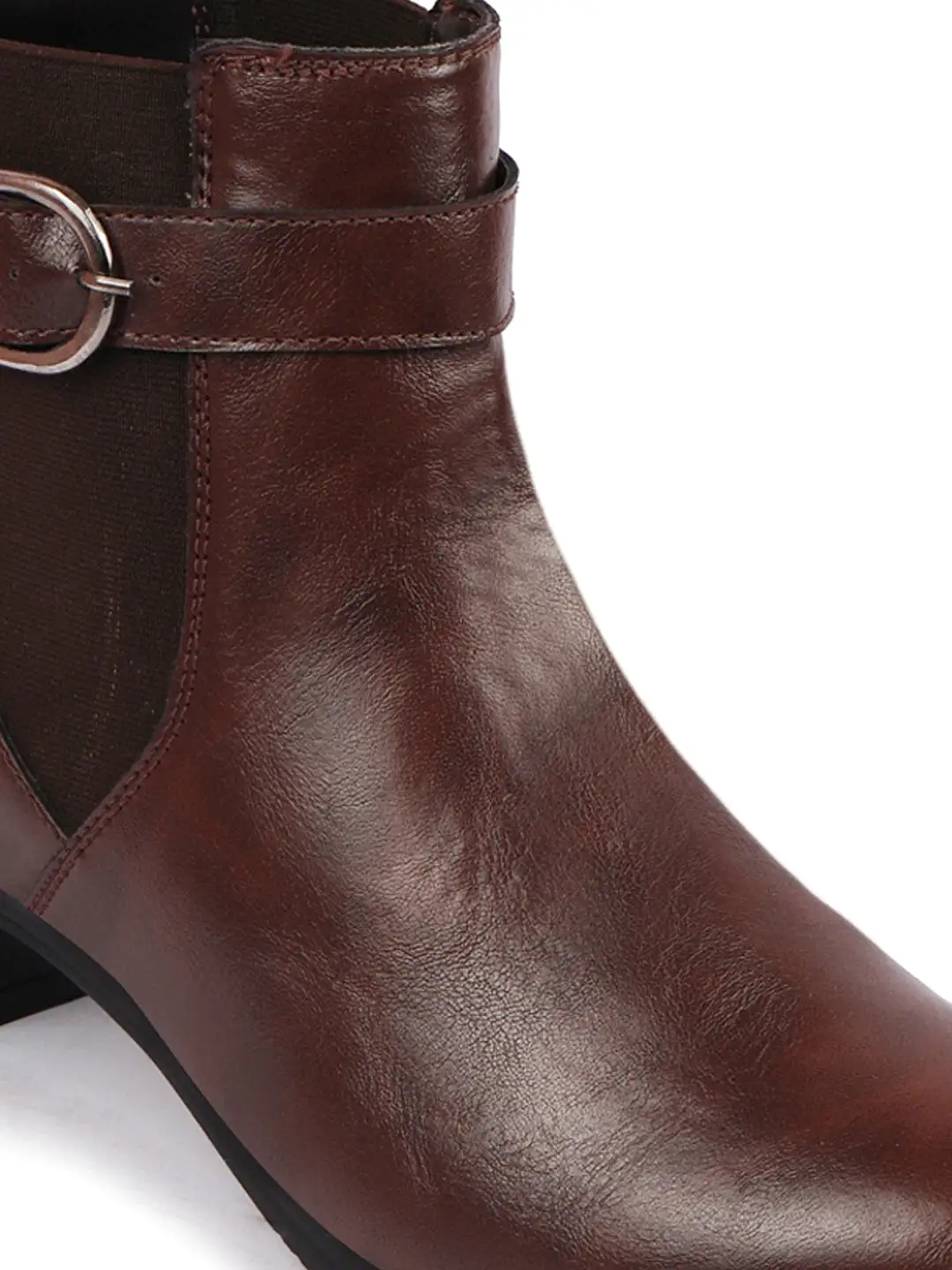 Women Brown Flared Heel High Ankle Classic Winter Buckle Strap Chelsea Boots