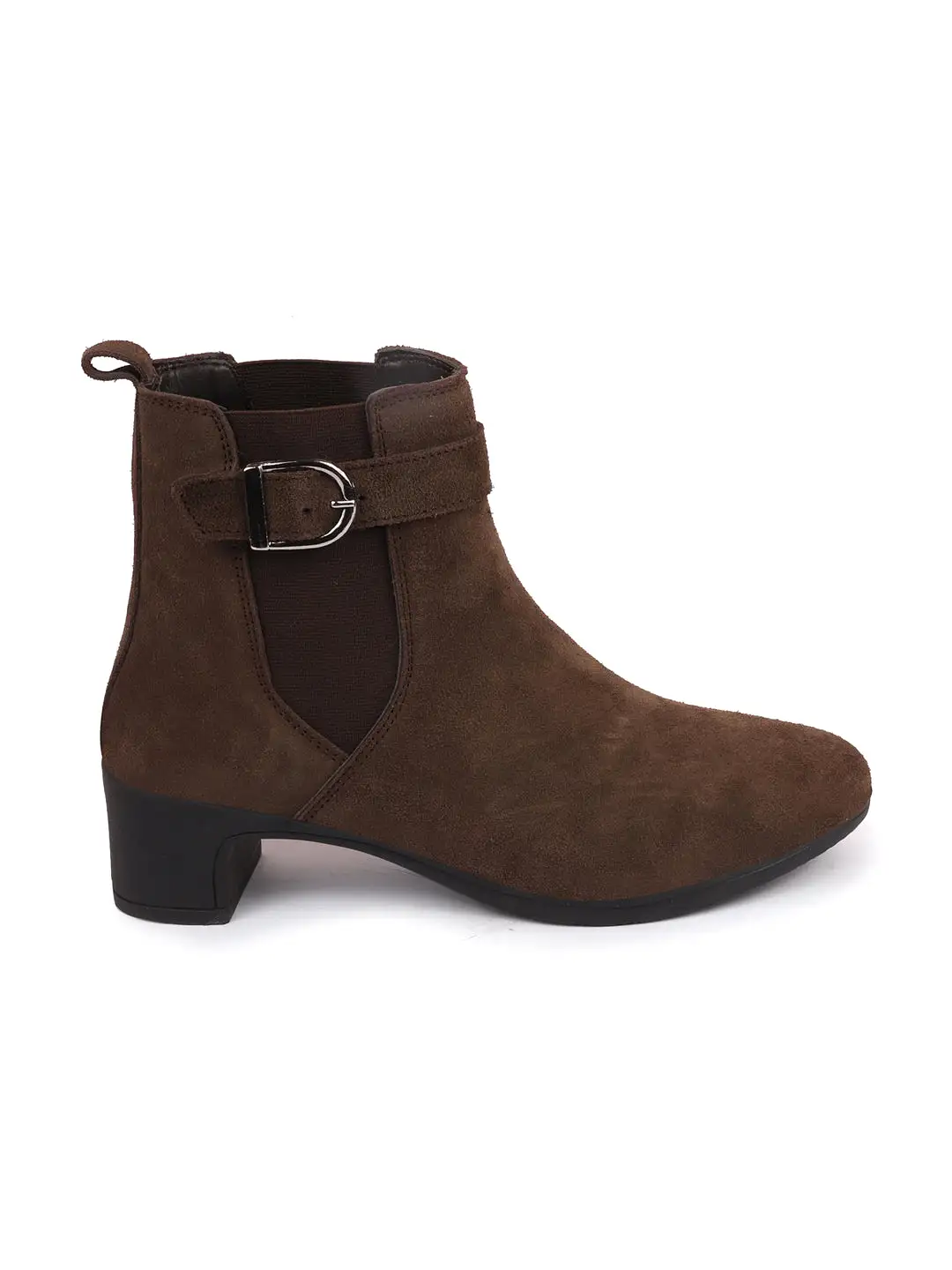 Women Brown Flared Heel High Ankle Suede Leather Classic Winter Buckle Strap Chelsea Boots