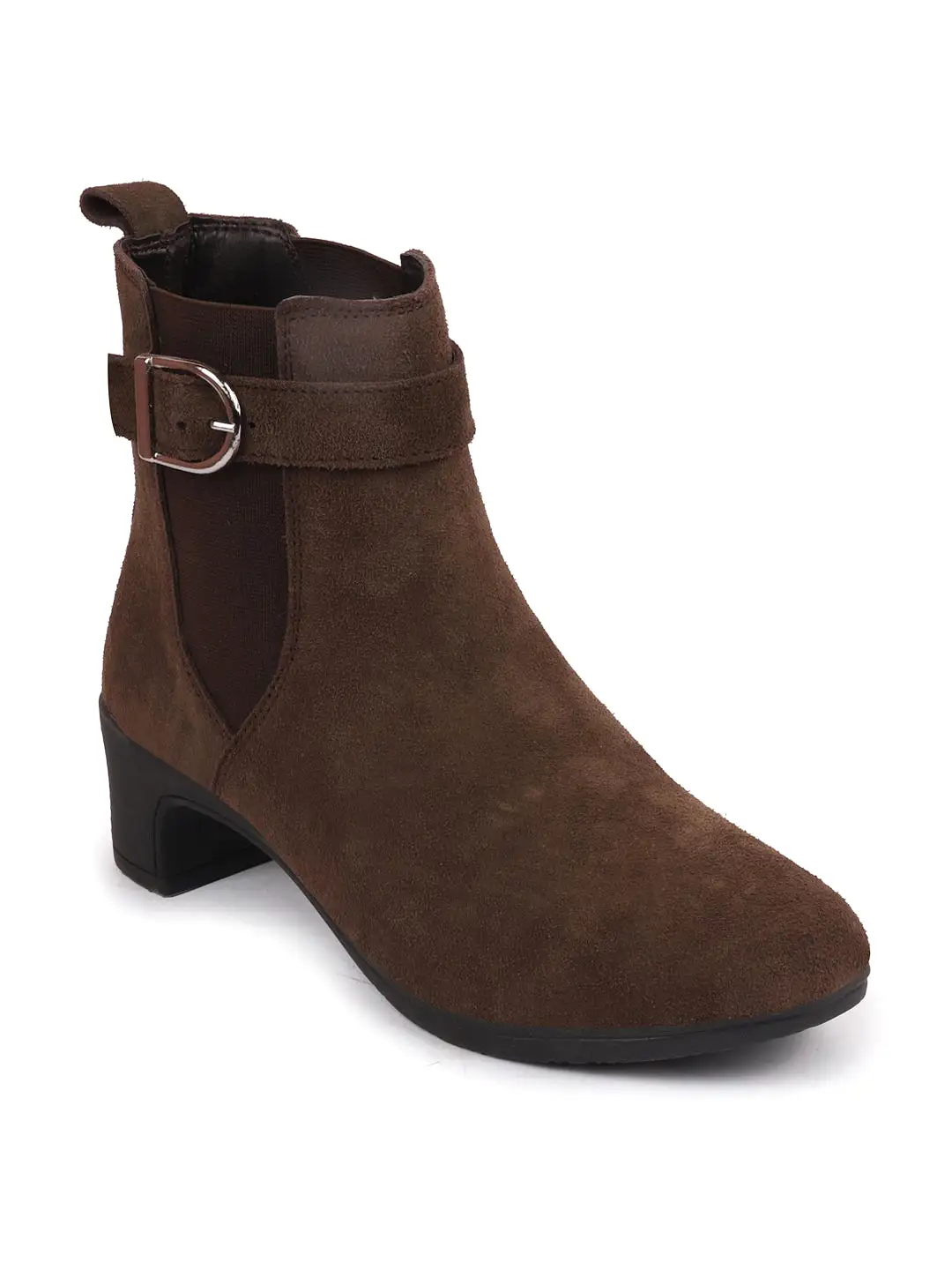 Women Brown Flared Heel High Ankle Suede Leather Classic Winter Buckle Strap Chelsea Boots