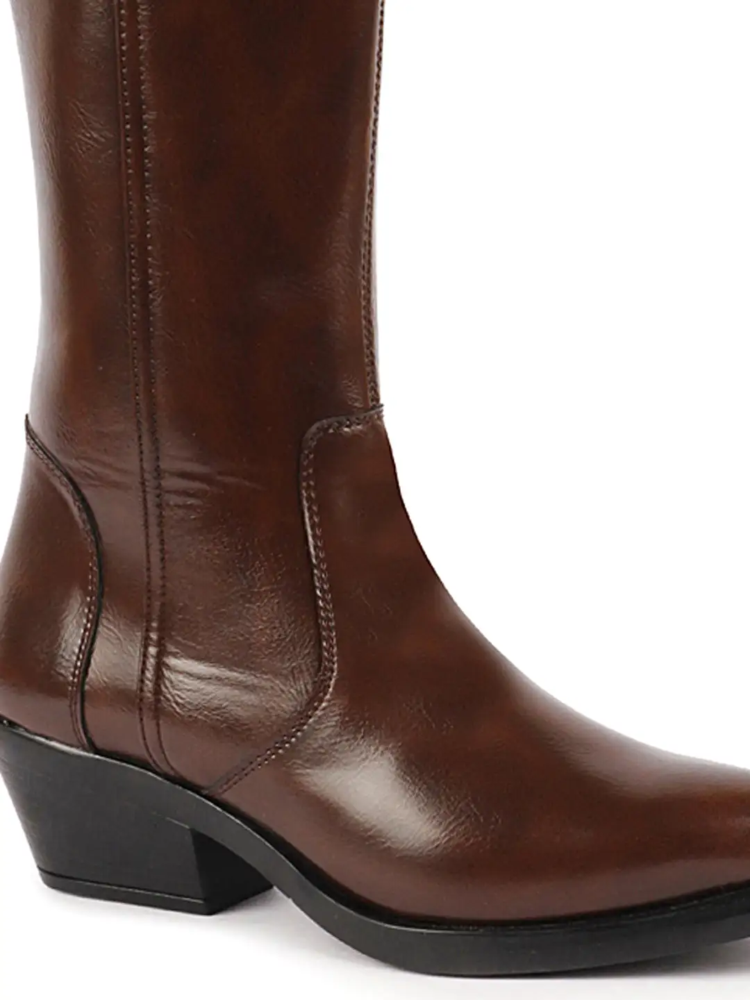 Women Brown Knee Length Side Zipper Closure Pointed Toe Flared Heel Boots