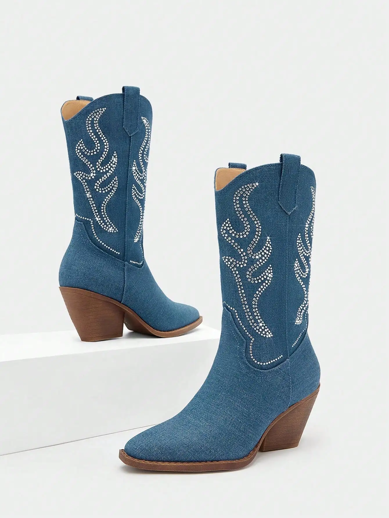 Women Embroidery Point Toe Chunky Heeled Western Boots, Vacation Denim Fashion Boots