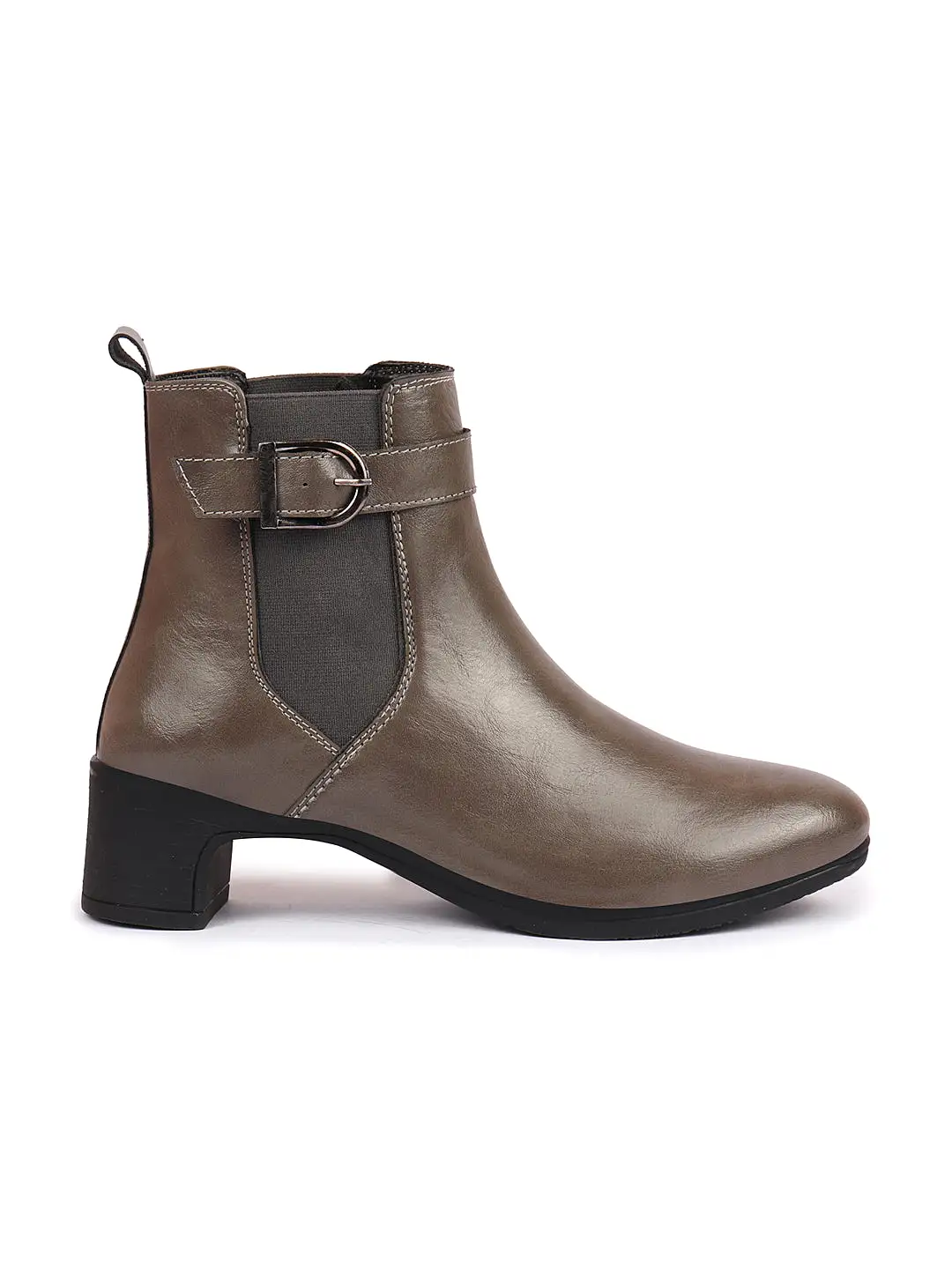 Women Grey Flared Heel High Ankle Classic Winter Buckle Strap Chelsea Boots