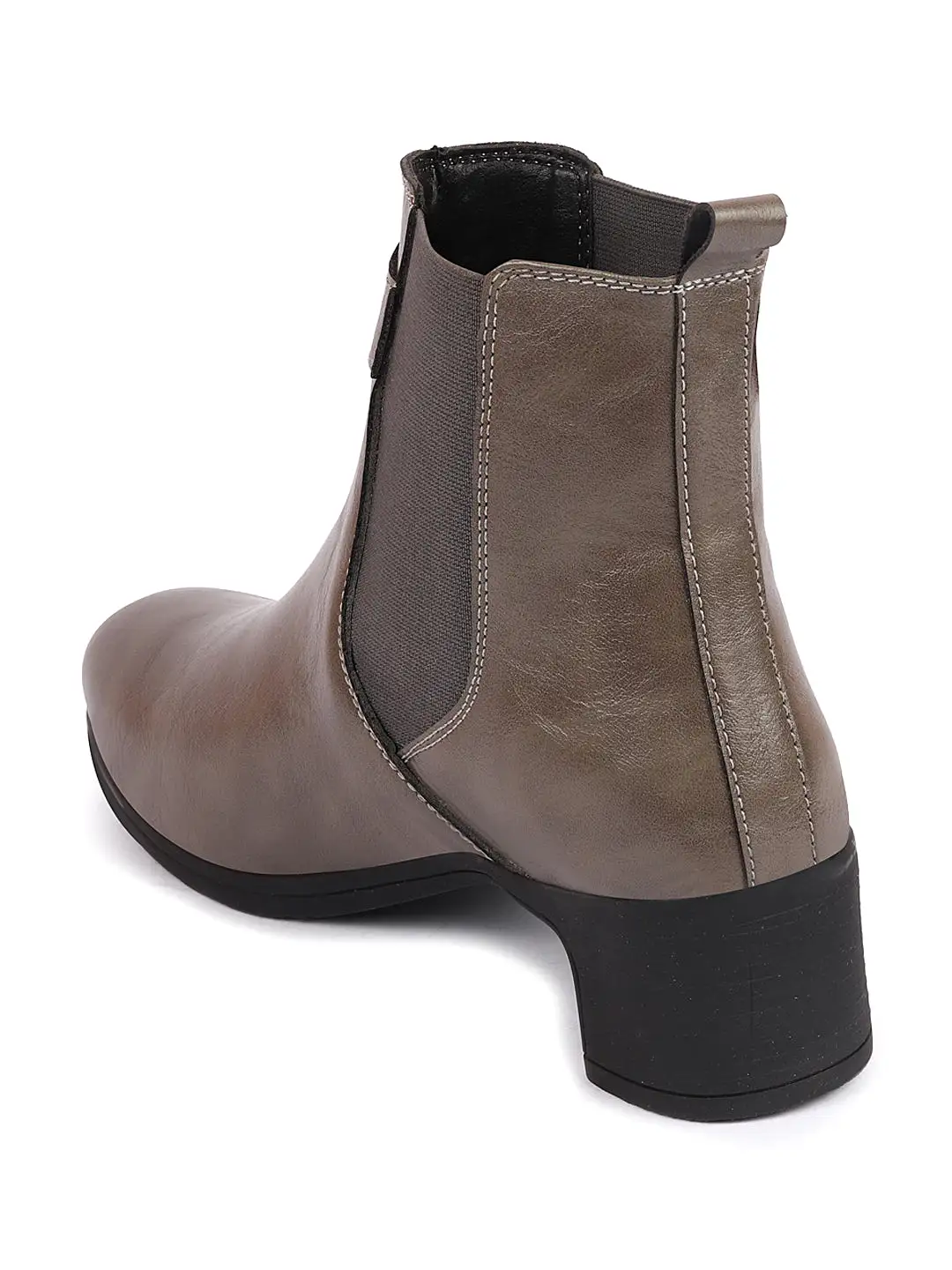 Women Grey Flared Heel High Ankle Classic Winter Buckle Strap Chelsea Boots