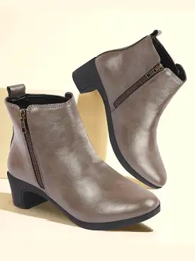 Women Grey Mid Top Flared Heel Side Zipper Winter Classic Boots